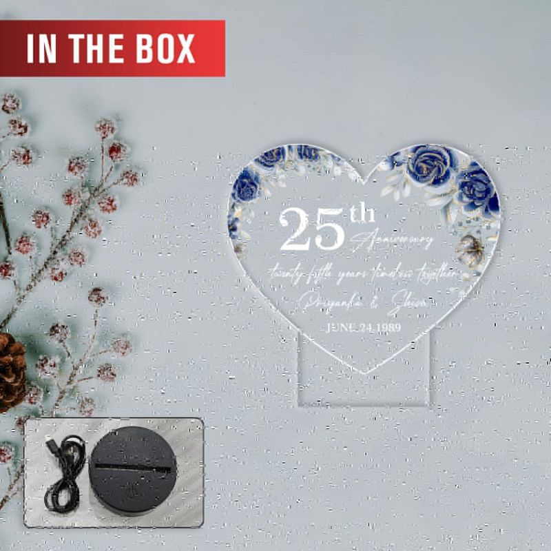 Personalized 25th Anniversary Acrylic LED Lamp with UV Print – Custom Names & Date Silver Jubilee Gift Warm White Light